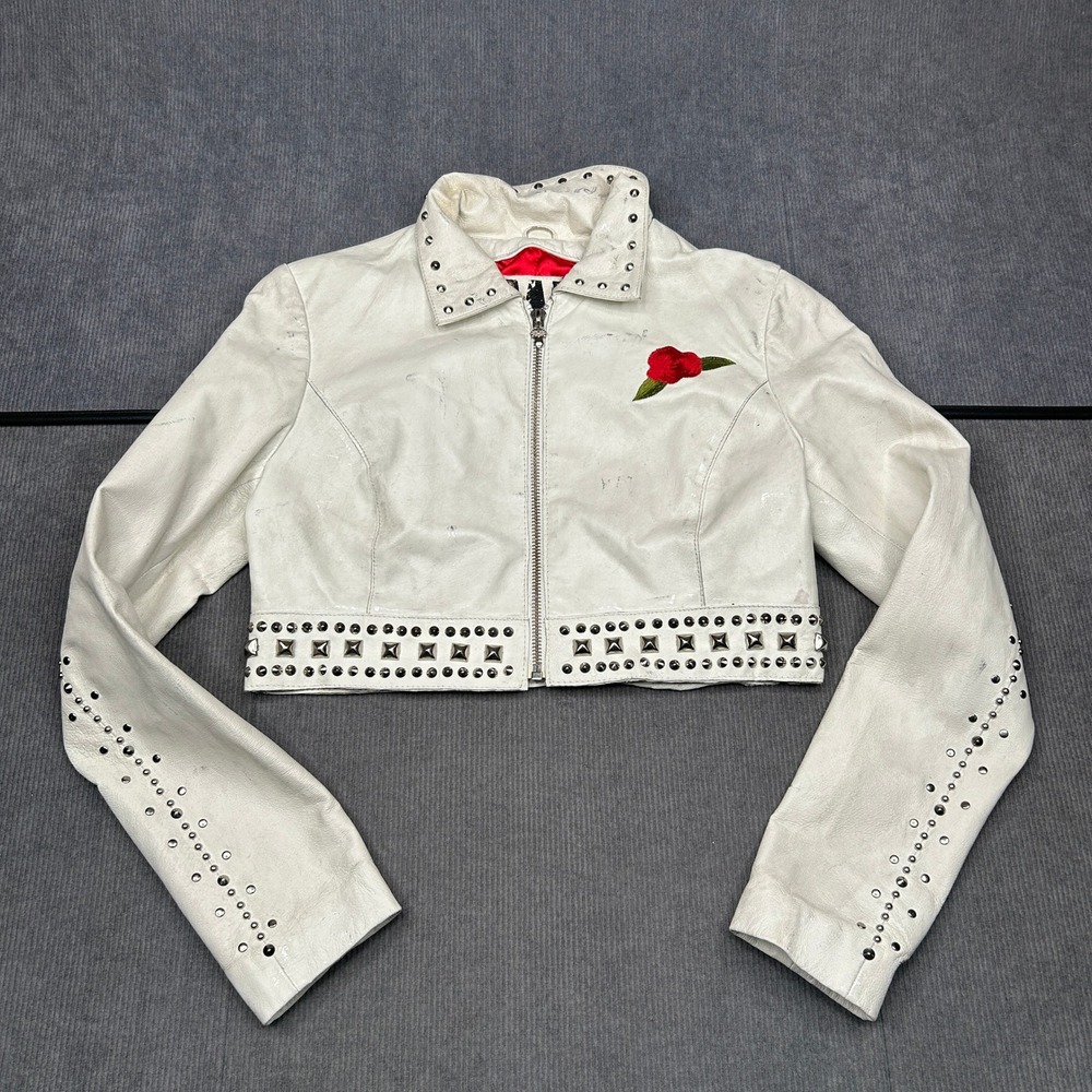Wilsons Leather Rocks Guns N Roses White Studded Cropped Leather Y2k Jacket